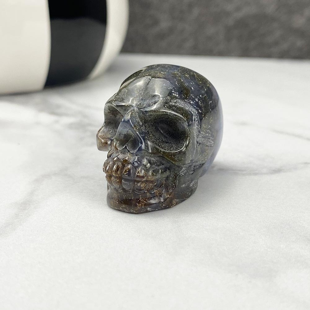 Polished Moss Agate Stone Skull Carving