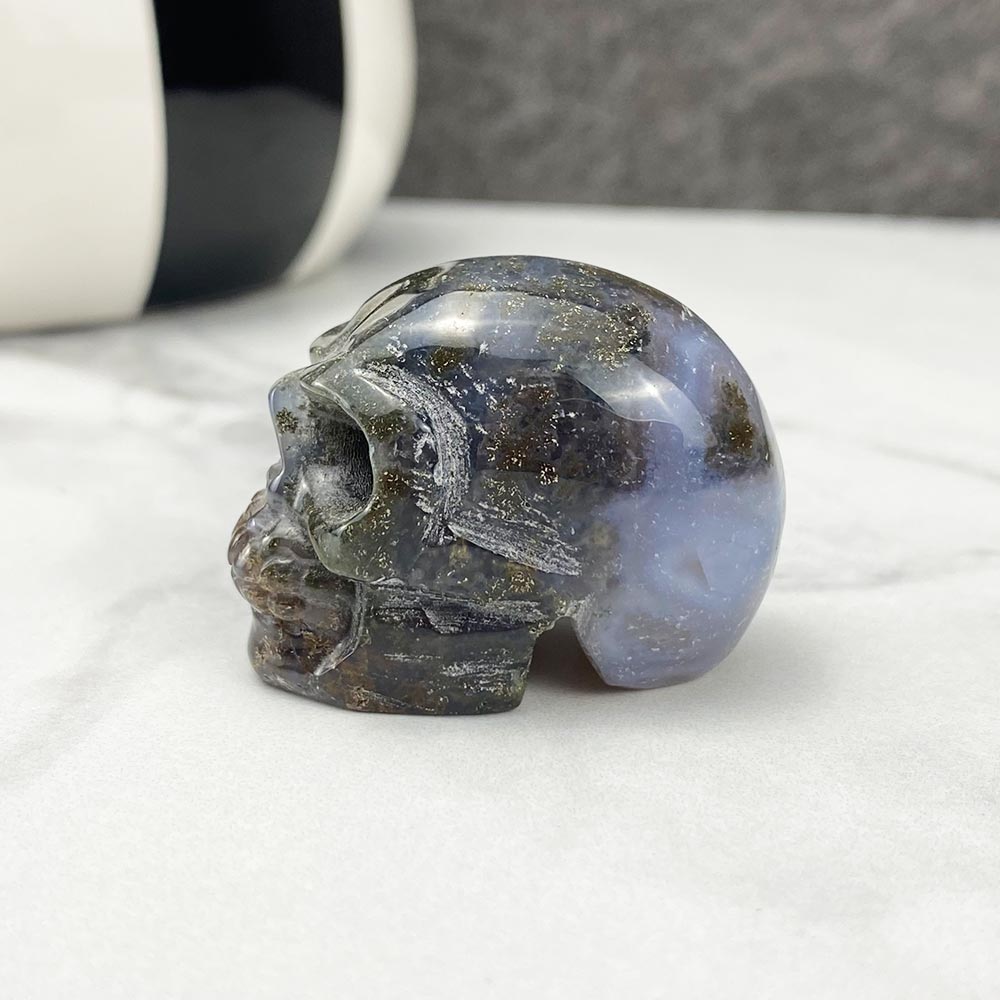 Polished Moss Agate Stone Skull Carving