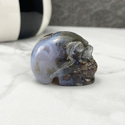 Polished Moss Agate Stone Skull Carving