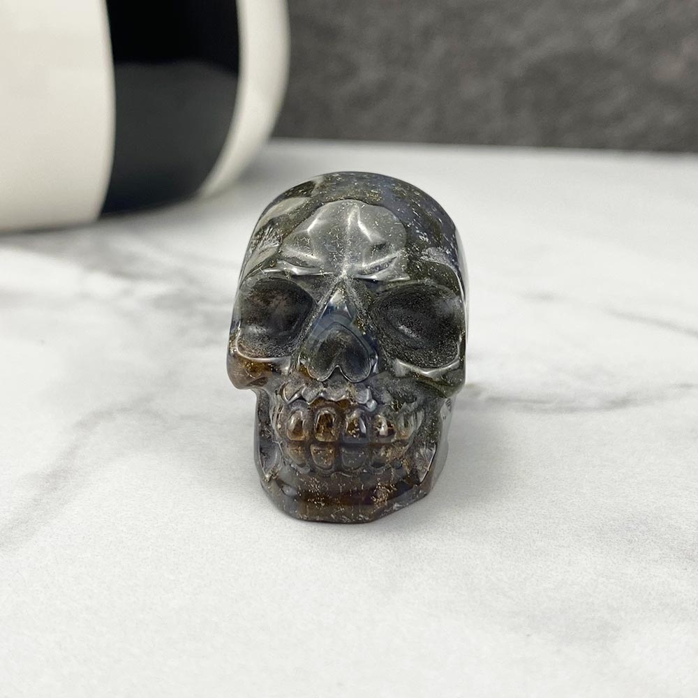 Polished Moss Agate Stone Skull Carving