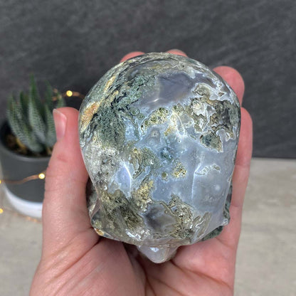 Polished Moss Agate Skull Carving