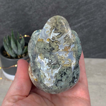 Polished Moss Agate Skull Carving