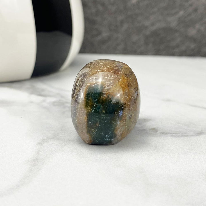 Polished Moss Agate Stone Skull Carving