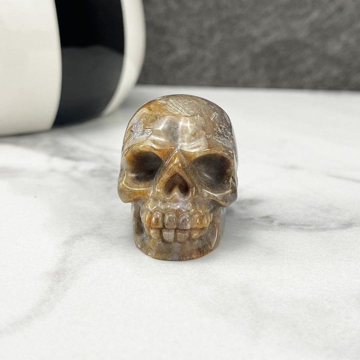 Polished Moss Agate Stone Skull Carving