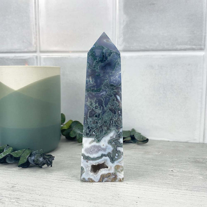 Polished Druzy Moss Agate Tower