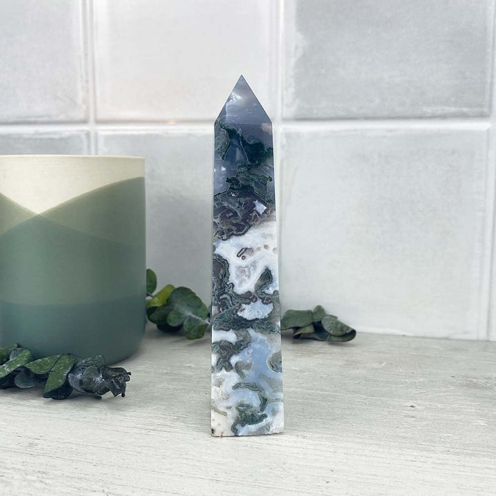 Polished Druzy Moss Agate Tower