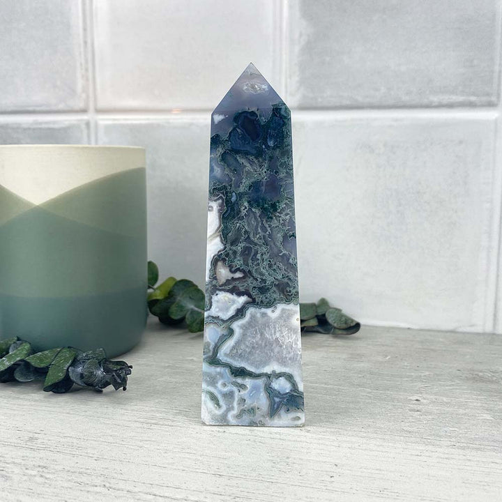 Polished Druzy Moss Agate Tower