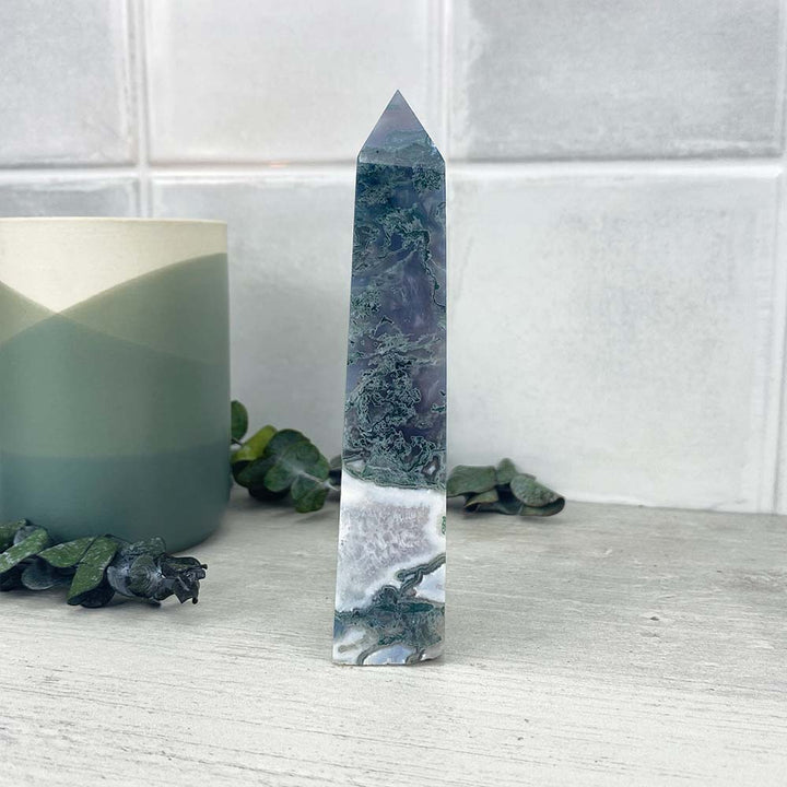 Polished Druzy Moss Agate Tower