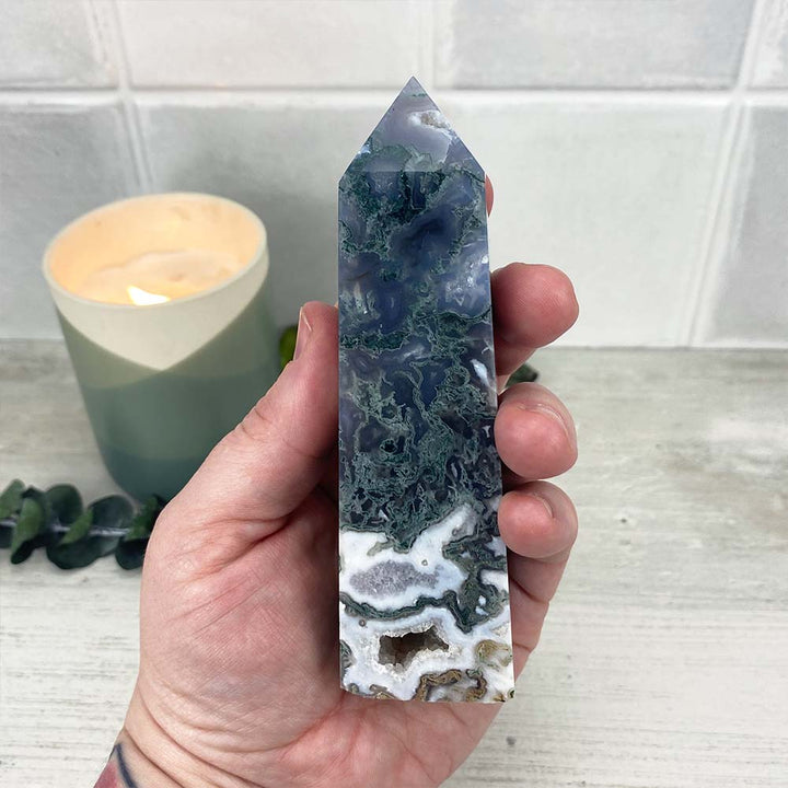 Polished Druzy Moss Agate Tower