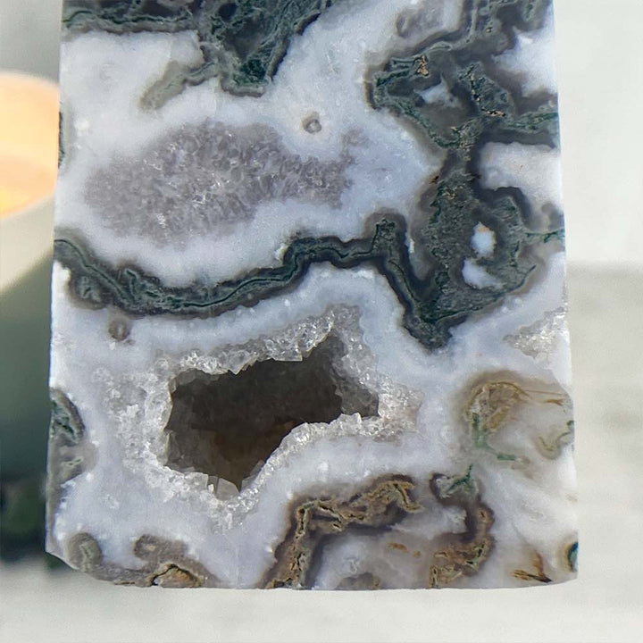 Polished Druzy Moss Agate Tower