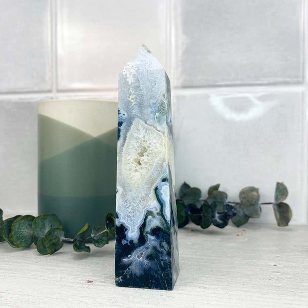 Polished Druzy Moss Agate Tower