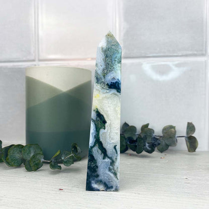 Polished Druzy Moss Agate Tower