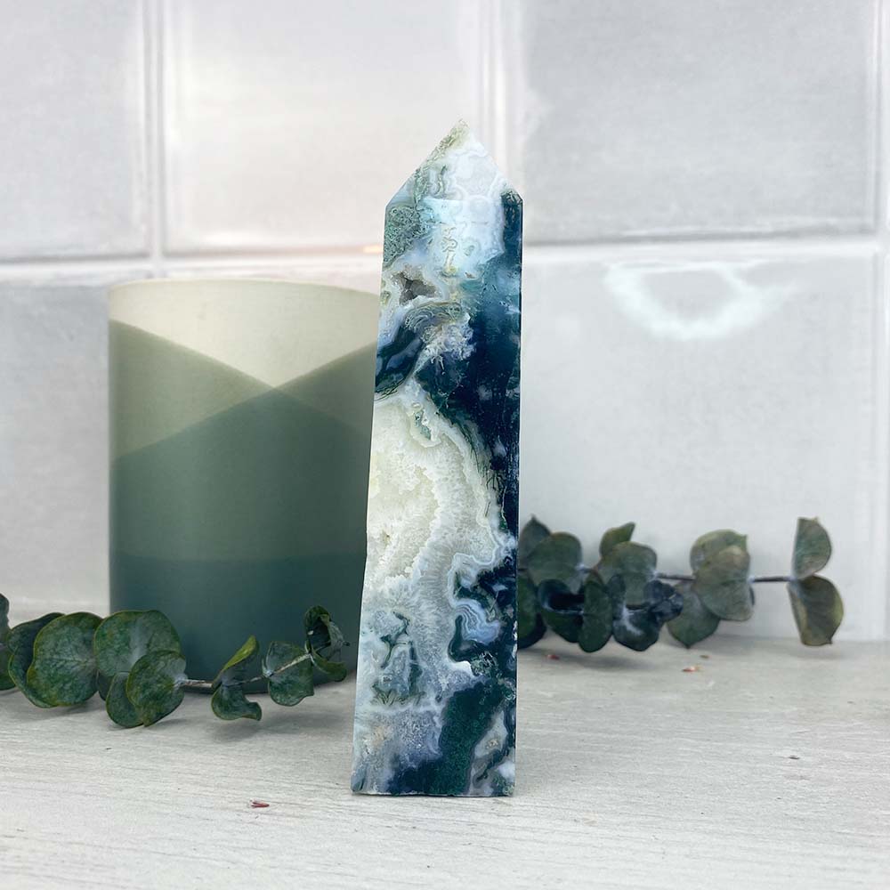 Polished Druzy Moss Agate Tower