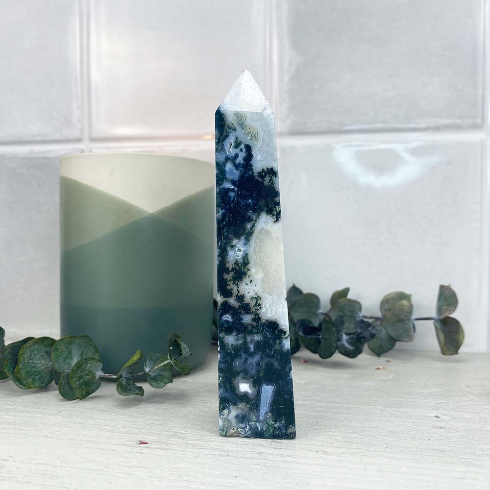 Polished Druzy Moss Agate Tower