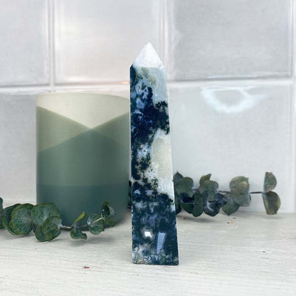 Polished Druzy Moss Agate Tower