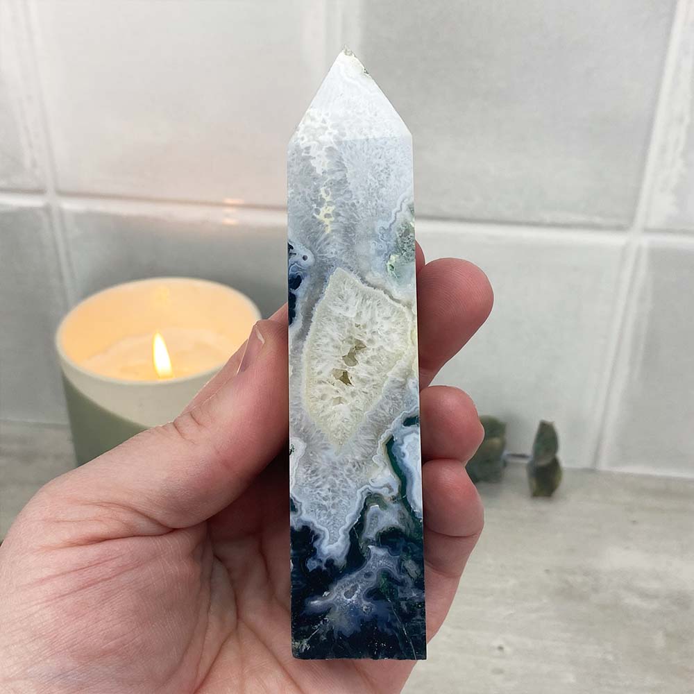 Polished Druzy Moss Agate Tower