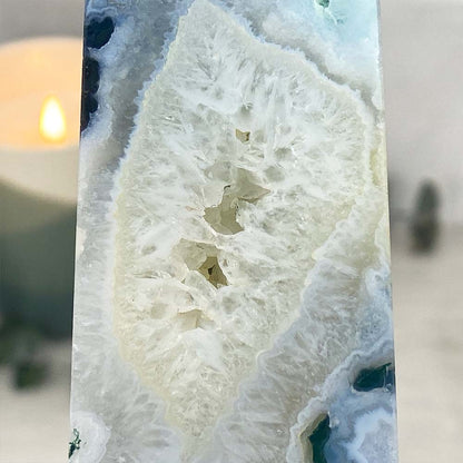 Polished Druzy Moss Agate Tower