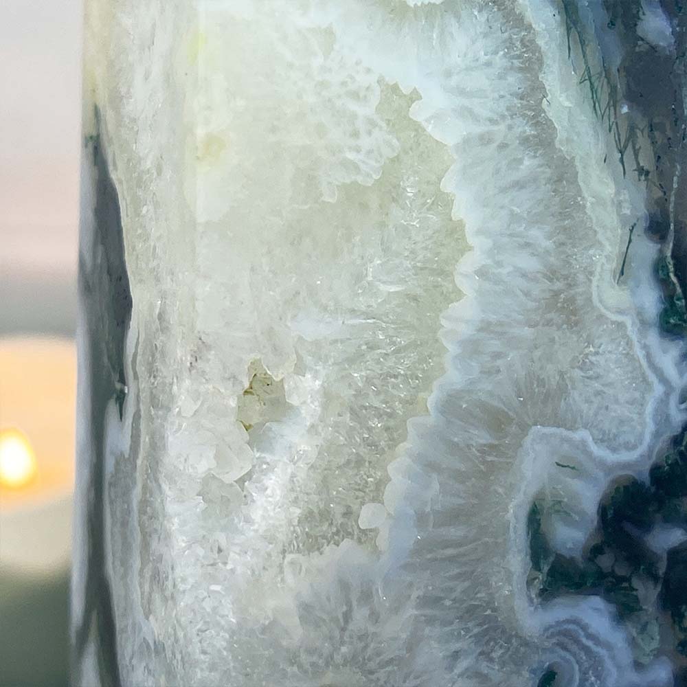 Polished Druzy Moss Agate Tower