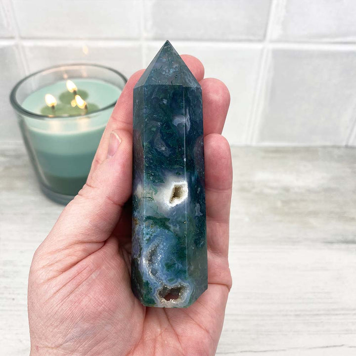 Polished Druzy Moss Agate Tower