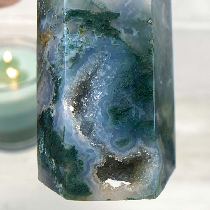 Polished Druzy Moss Agate Tower