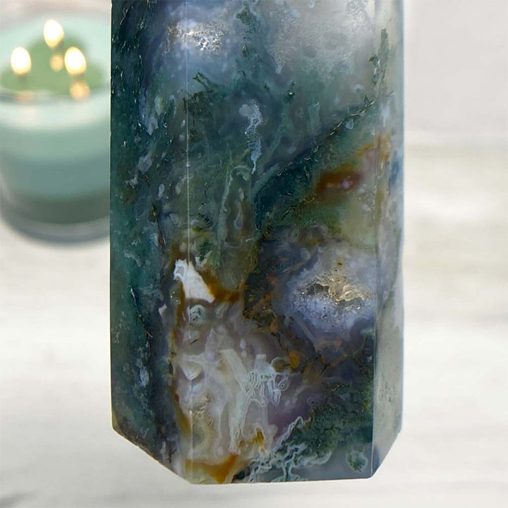 Polished Druzy Moss Agate Tower