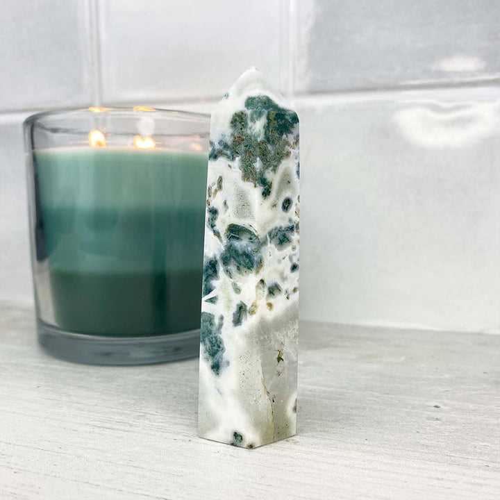 Polished Druzy Moss Agate Tower