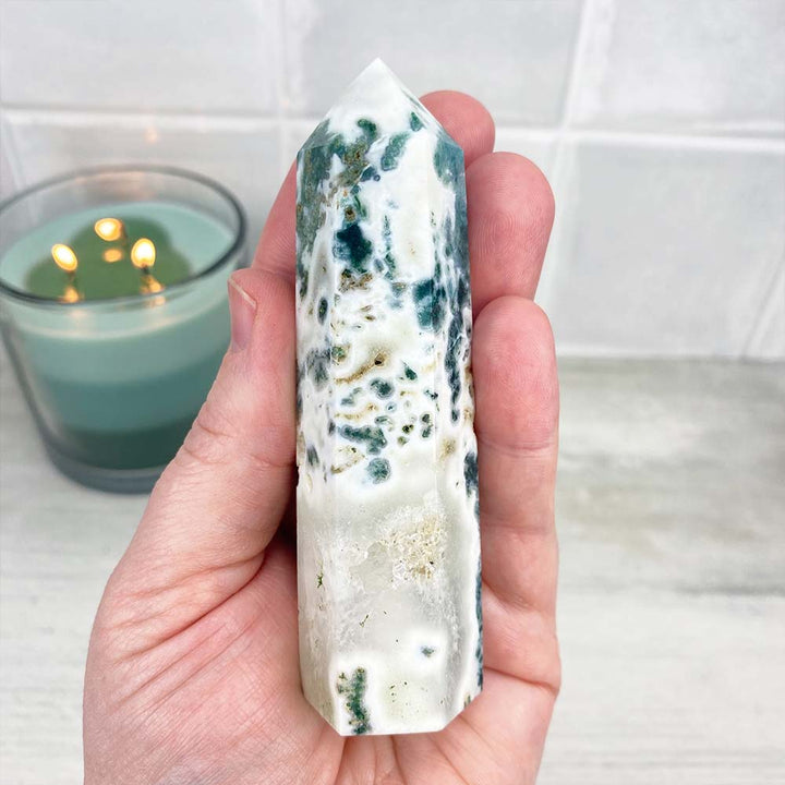 Polished Druzy Moss Agate Tower