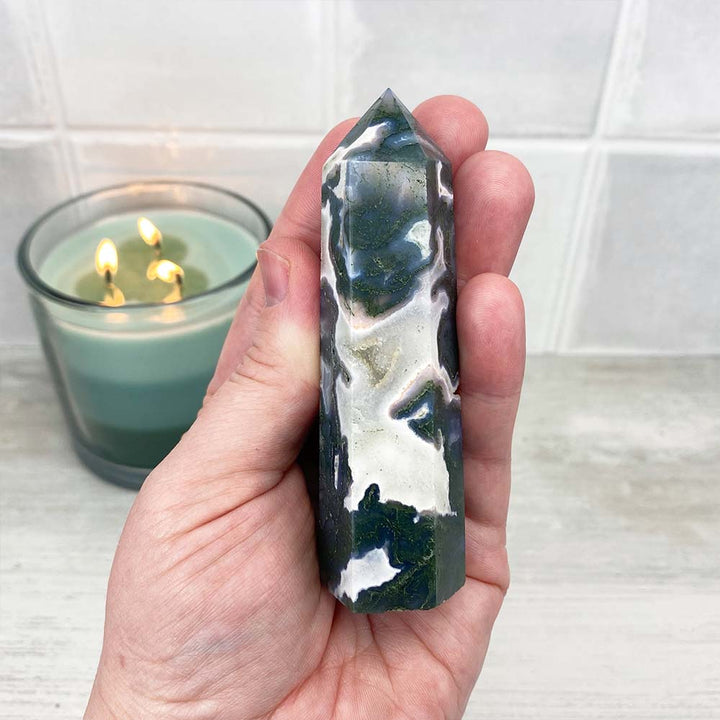 Polished Druzy Moss Agate Tower