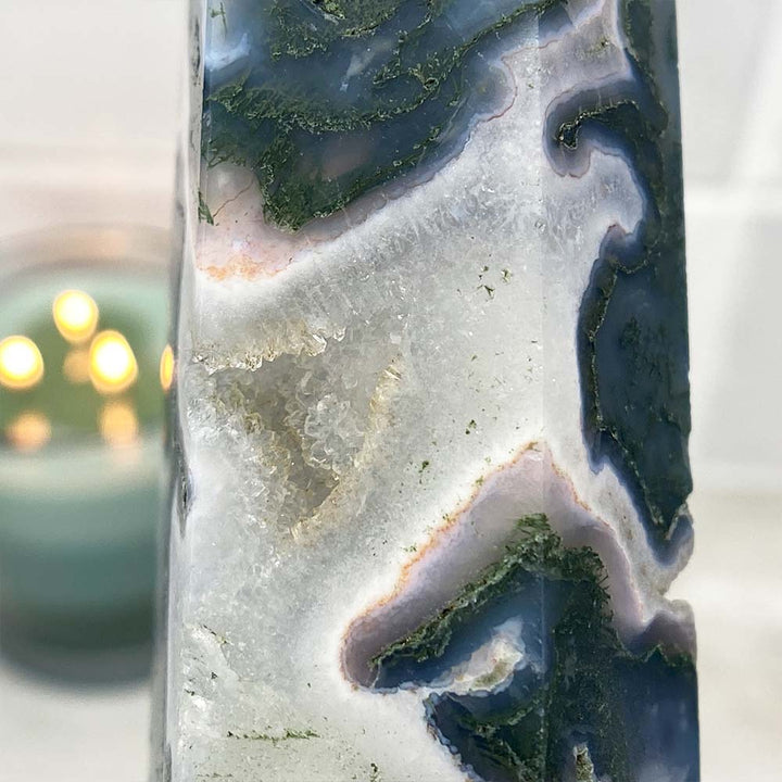 Polished Druzy Moss Agate Tower