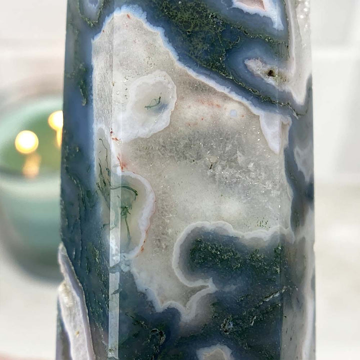 Polished Druzy Moss Agate Tower