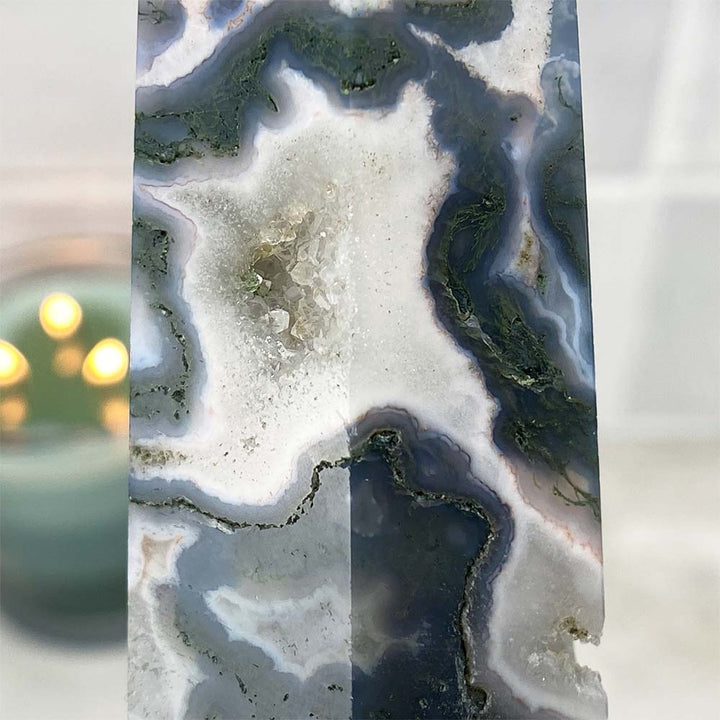 Polished Druzy Moss Agate Tower