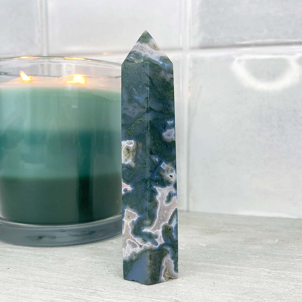 Polished Druzy Moss Agate Tower