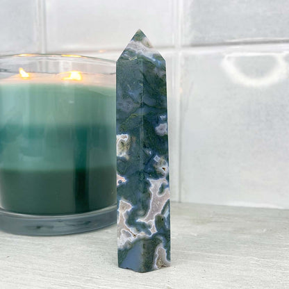 Polished Druzy Moss Agate Tower