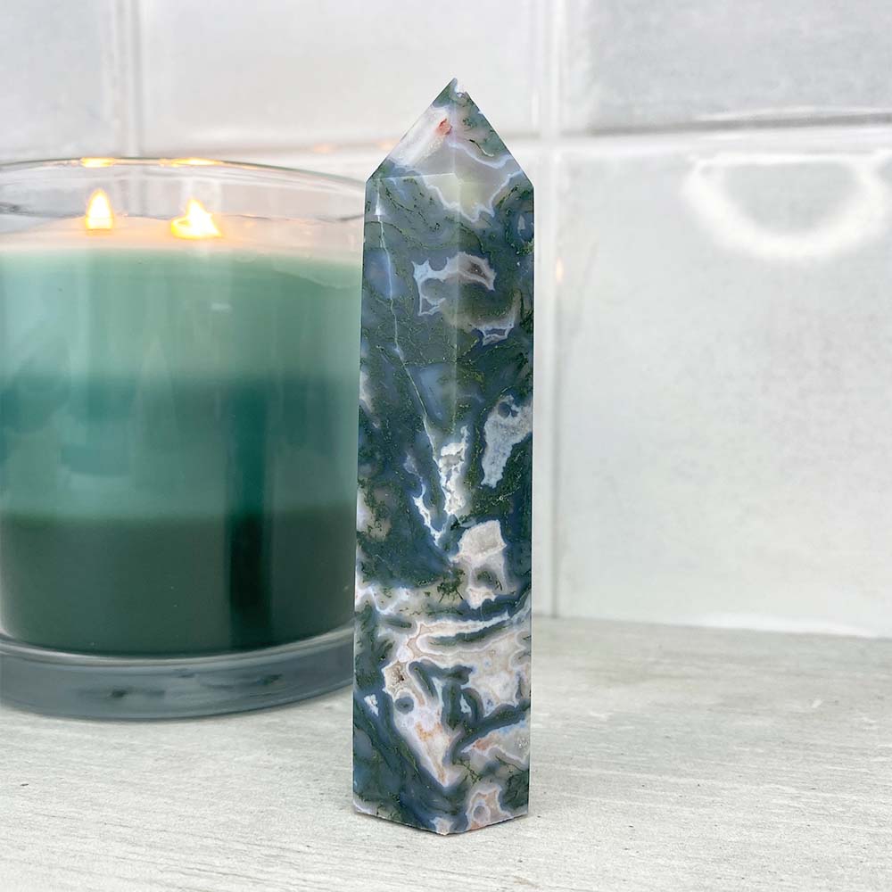 Polished Druzy Moss Agate Tower