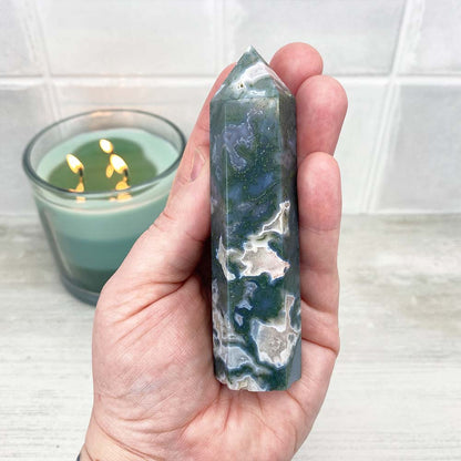 Polished Druzy Moss Agate Tower