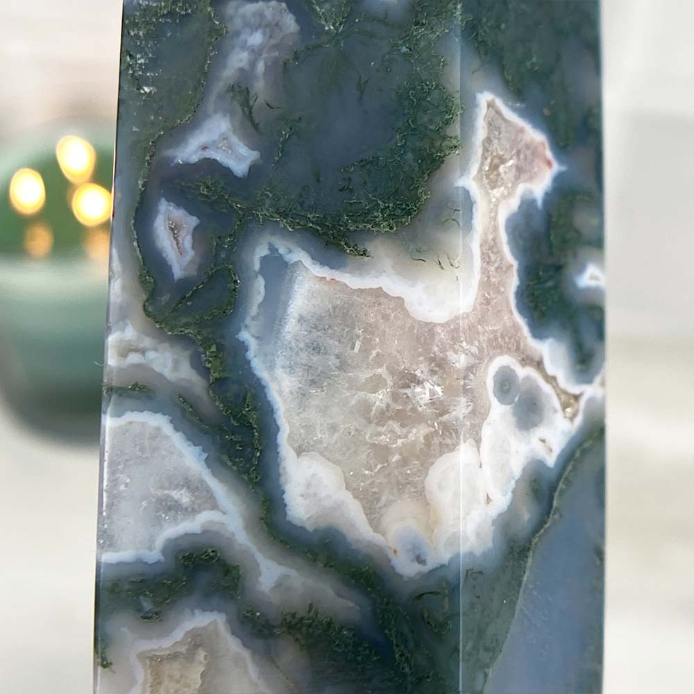 Polished Druzy Moss Agate Tower
