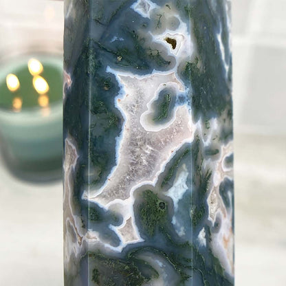 Polished Druzy Moss Agate Tower