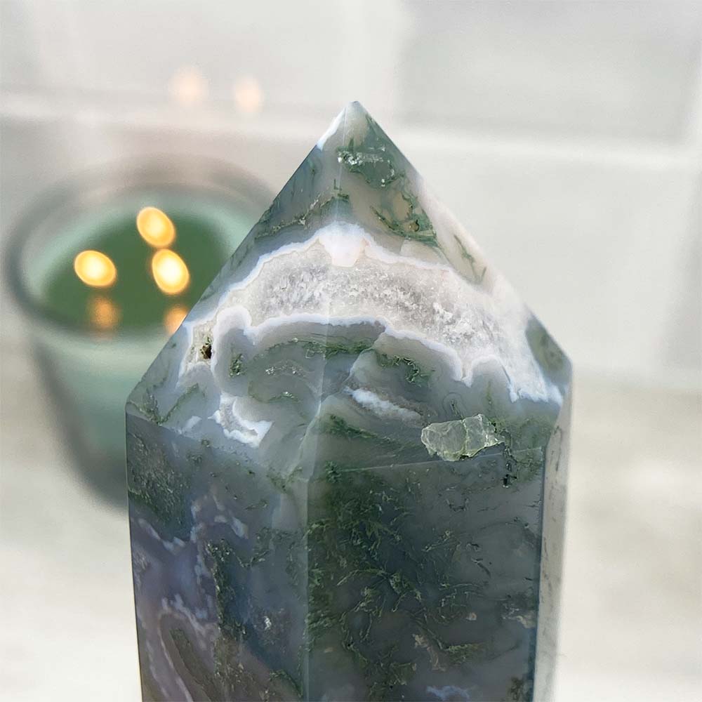 Polished Druzy Moss Agate Tower