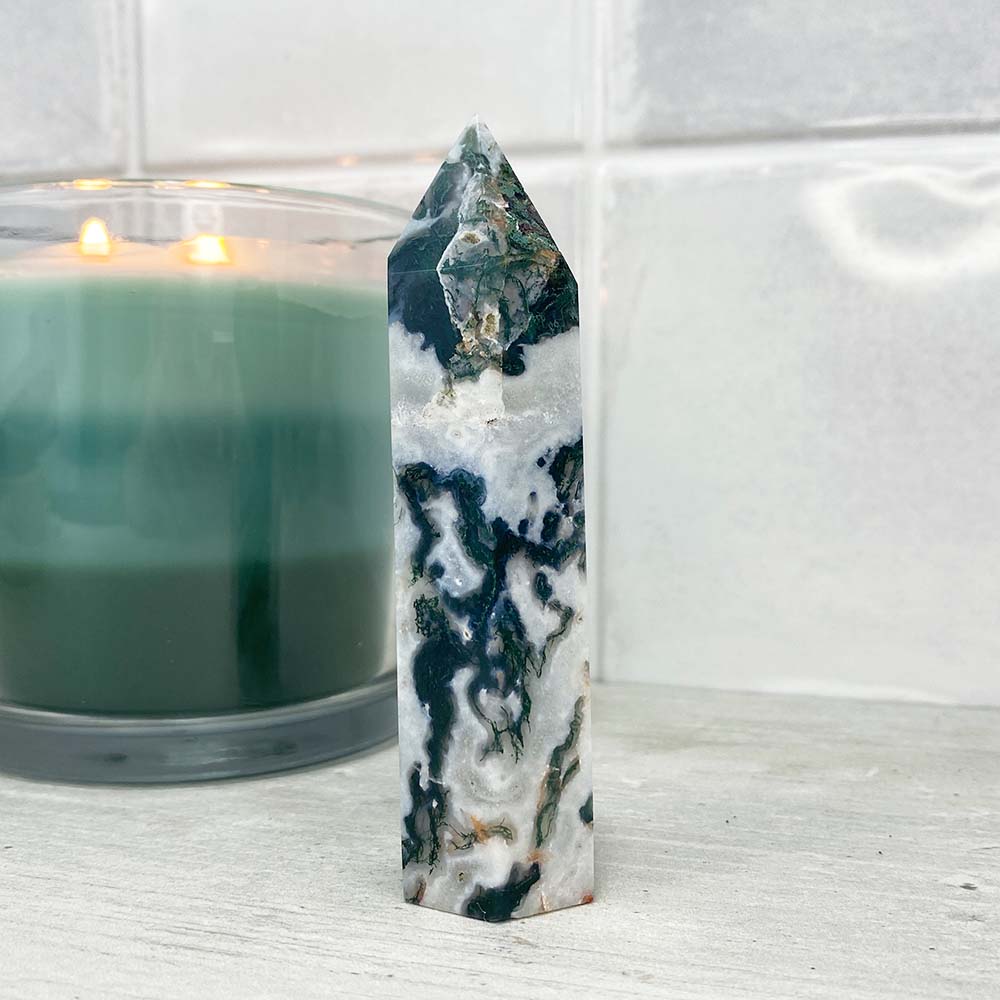 Polished Druzy Moss Agate Tower