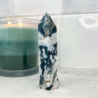 Polished Druzy Moss Agate Tower