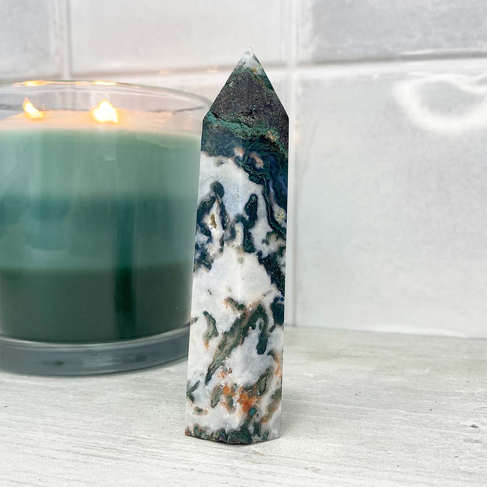 Polished Druzy Moss Agate Tower
