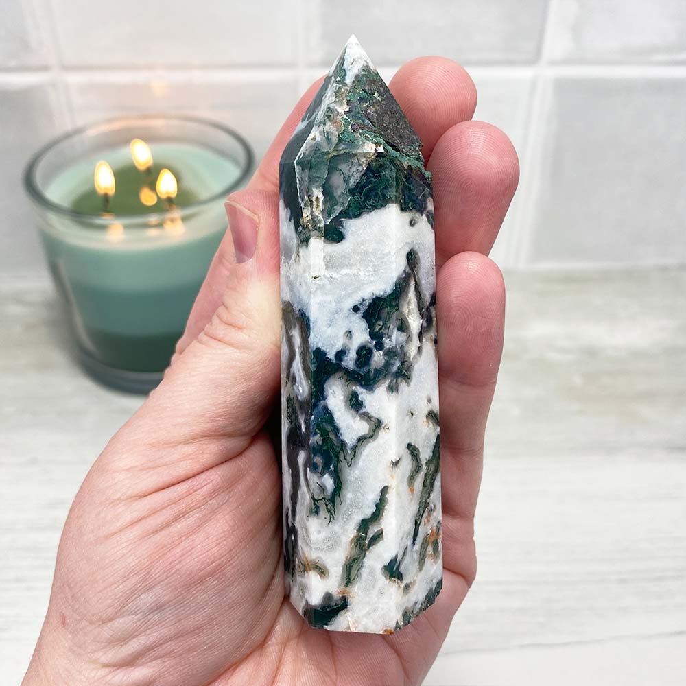 Polished Druzy Moss Agate Tower
