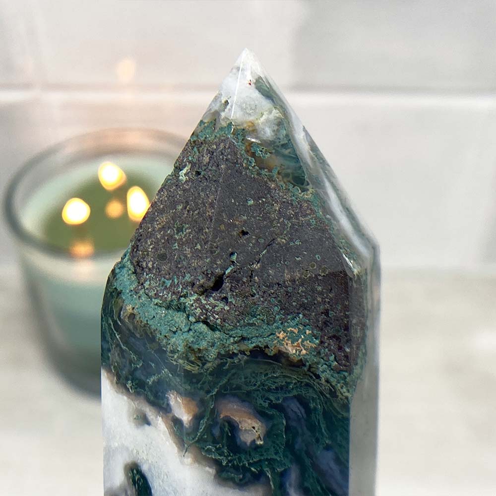 Polished Druzy Moss Agate Tower