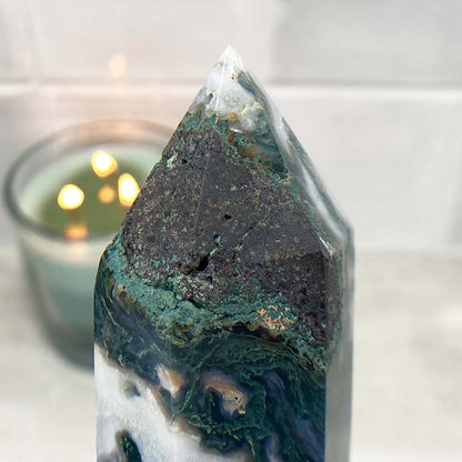 Polished Druzy Moss Agate Tower