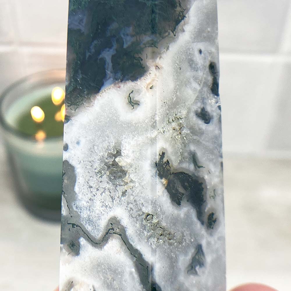 Polished Druzy Moss Agate Tower