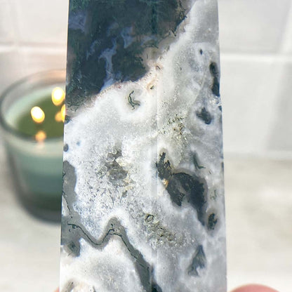 Polished Druzy Moss Agate Tower