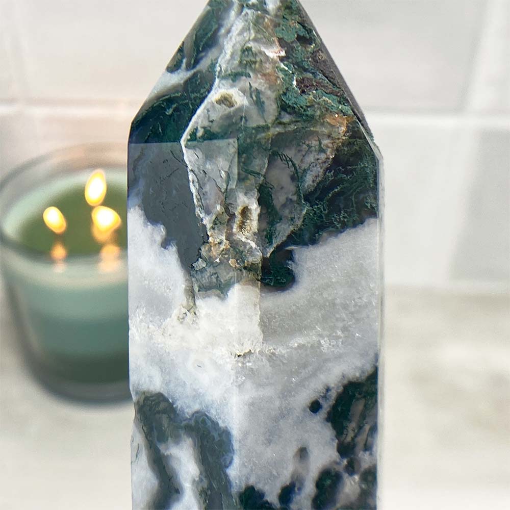Polished Druzy Moss Agate Tower