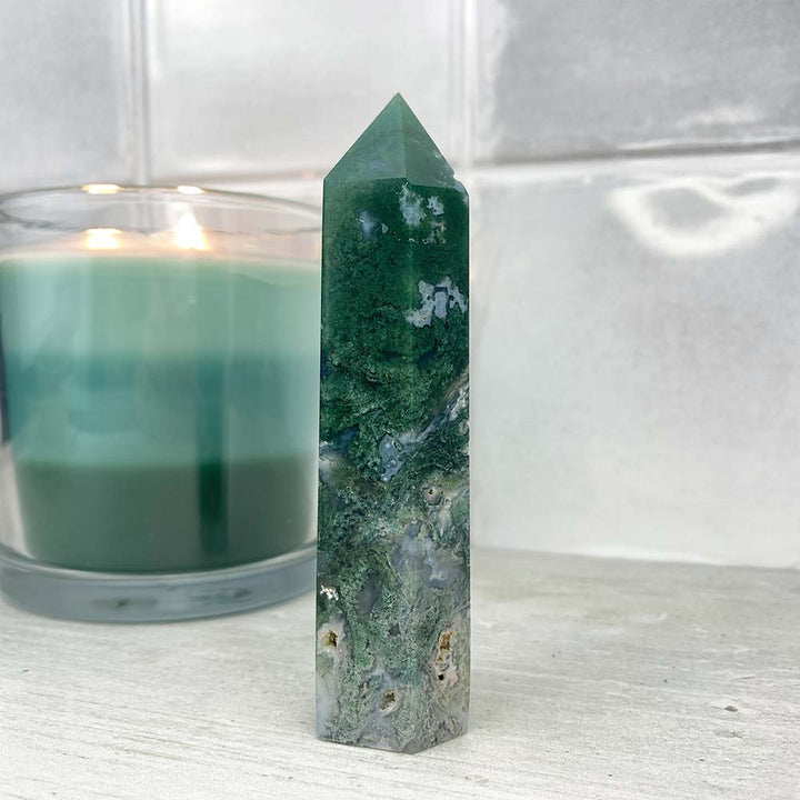 Polished Druzy Moss Agate Tower