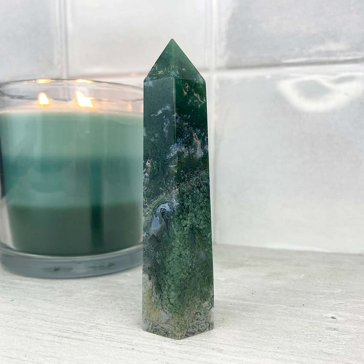 Polished Druzy Moss Agate Tower