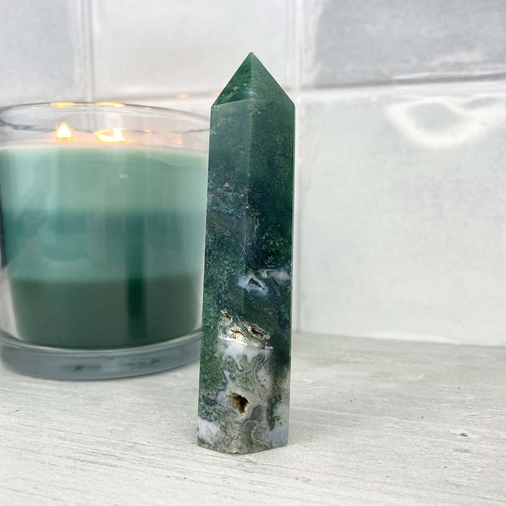 Polished Druzy Moss Agate Tower